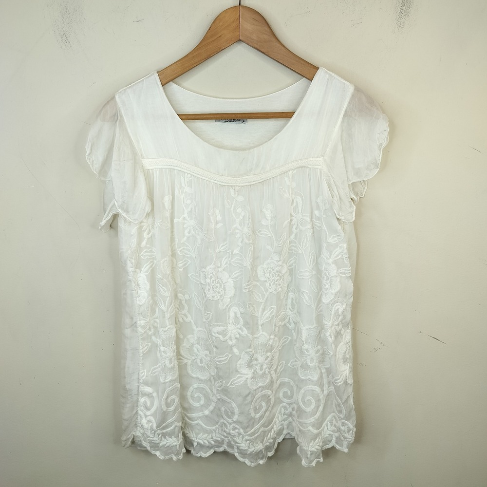 Elena Baldi Floral Embroidered Blouse Medium Women's Silk Viscose White Sheer